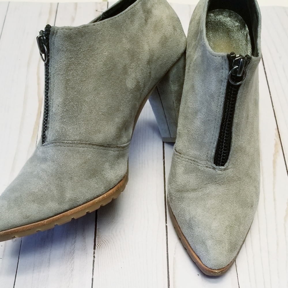 Gray Suede Stacked Heel Ankle Booties